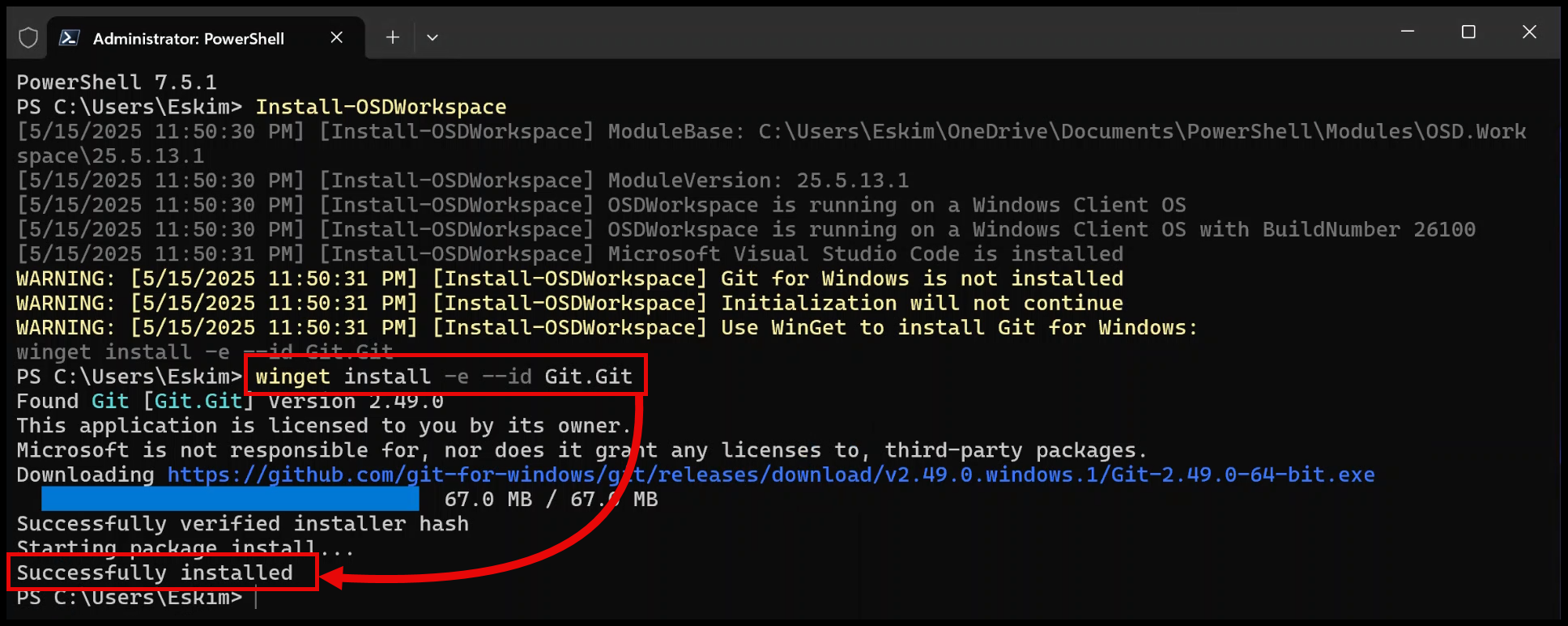 Paste Git for Windows winget command
