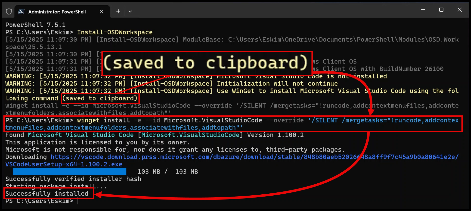 Paste Visual Studio Code winget command